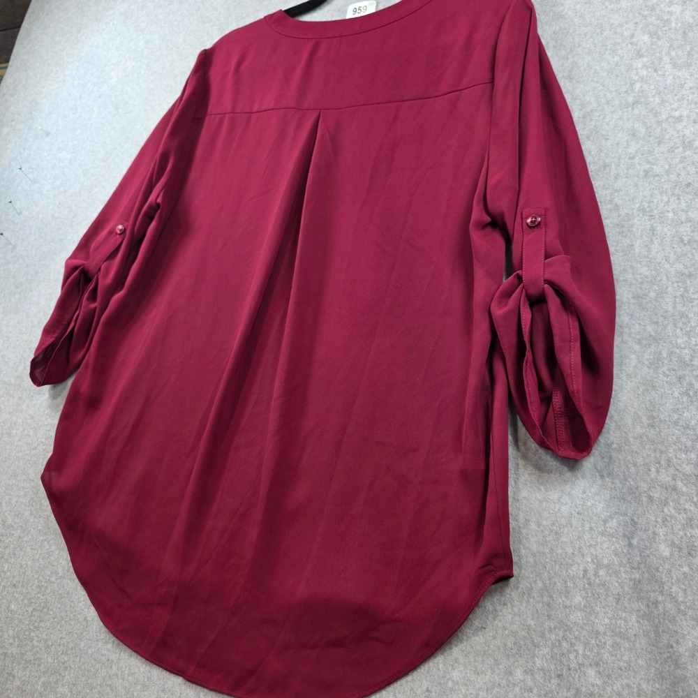 Chaus New York Womens Burgundy Split V-Neck Roll Tab Sleeve Blouse Size M - Picture 7 of 7